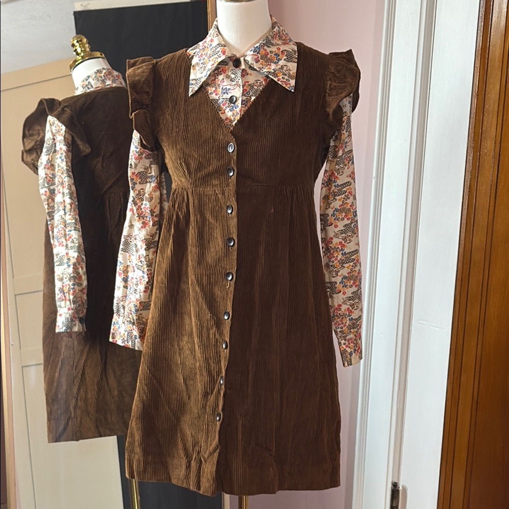 Vintage Brown Corduroy Dress with Floral Details